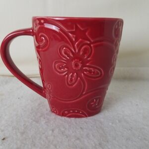 Red Embossed Floral Starbucks Coffee Mug Tea Cup Flower Star‎ Accents bone china
